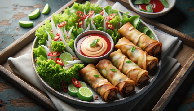 Photo a plate of crispy spring rolls accompanied by a tangy dipping sauce and fresh salad garnish