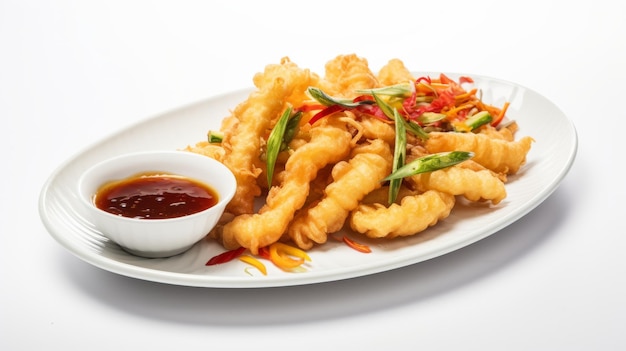 Plate of crispy vegetable tempura served with soy sauce and pickled ginger