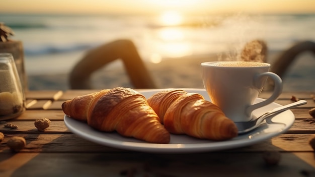 Foto un piatto di croissant e una tazza di caffè su un tavolo generative ai art