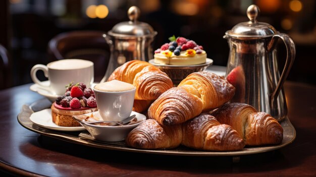 Foto un piatto di croissant e pasticcini elegantemente esposto su un tavolo