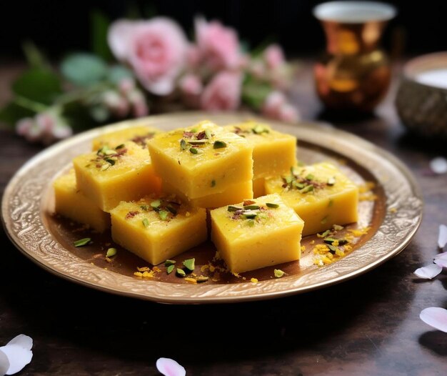 A plate of cubes of cubes with a flower in the background