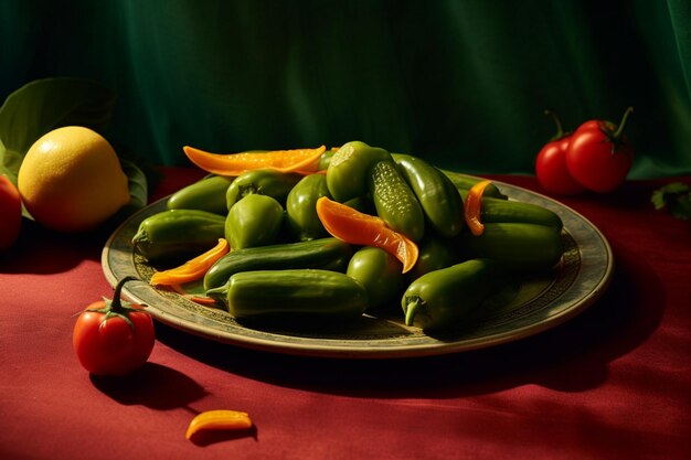 A plate of cucumbers with a red tablecloth on the left side.