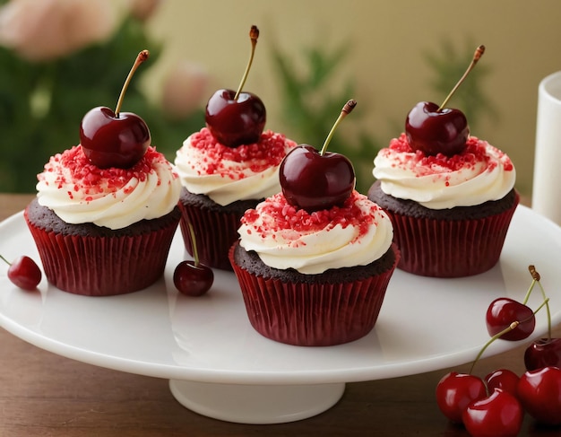 a plate of cupcakes with cherries on it