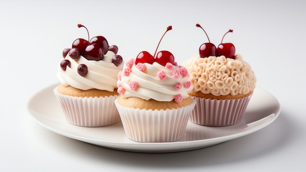 A plate of cupcakes with frosting and cherries