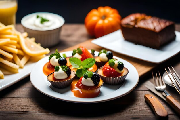 a plate of cupcakes with fruit on it