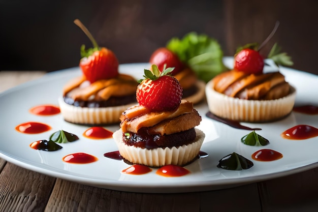 a plate of cupcakes with strawberries and chocolate on it