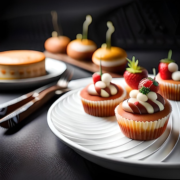 A plate of cupcakes with strawberries on it and a knife