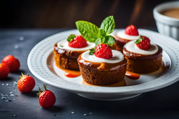 a plate of cupcakes with a strawberry on it