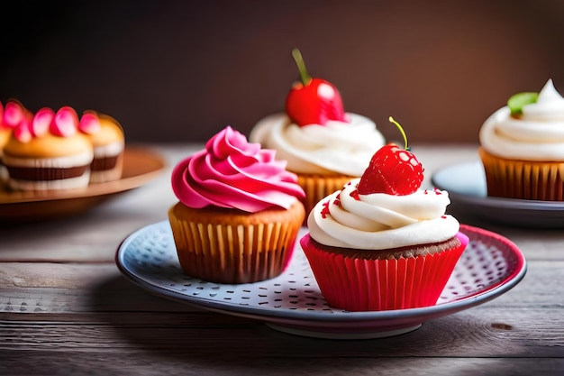 A plate of cupcakes with a strawberry on it