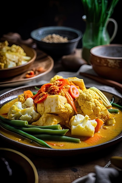 A plate of curry with a bowl of green beans and a bowl of curry.