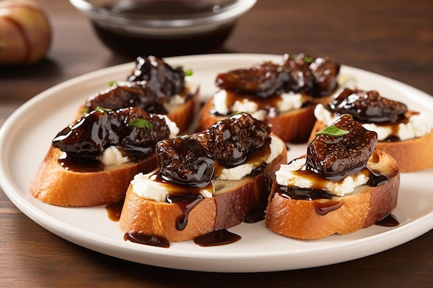 A plate of date and goat cheese crostini