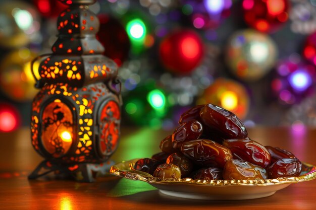 A plate of dates in front of a decorated