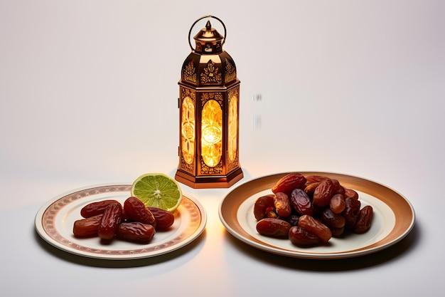 a plate of dates and a traditional Islamic lantern