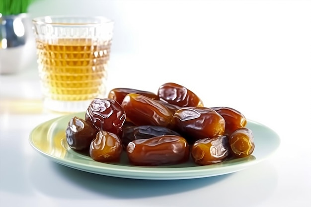 A plate of dates with a glass of tea behind it