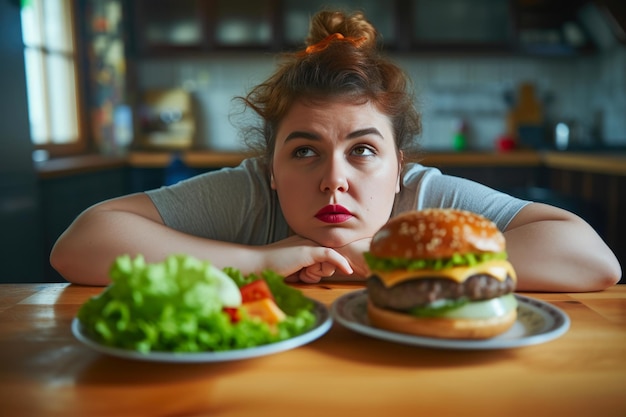 Plate of Decisions Overweight Woman Weighs Food Choices