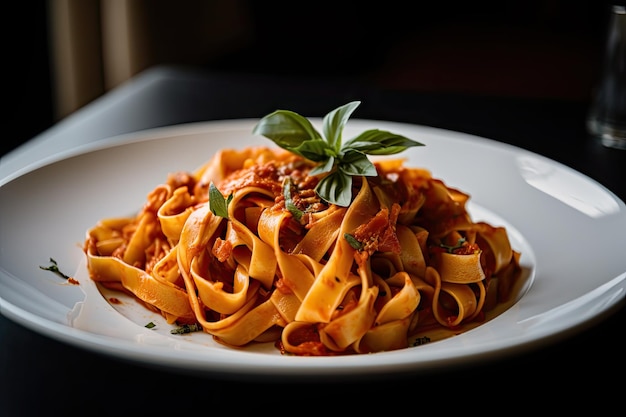 Plate of delicate homemade pasta paired with rich red sauce and fresh herbs created with generative ai