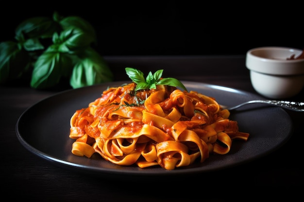 Plate of delicate homemade pasta paired with rich red sauce and fresh herbs