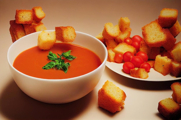 황금 크루통을 곁들인 신선한 토마토로 만든 맛있는 밝은 가스파초 수프 접시