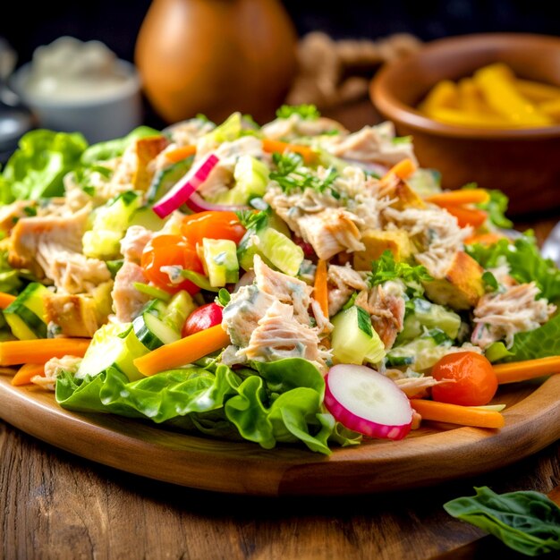 A plate of delicious chicken salad with vegetables on wooden table