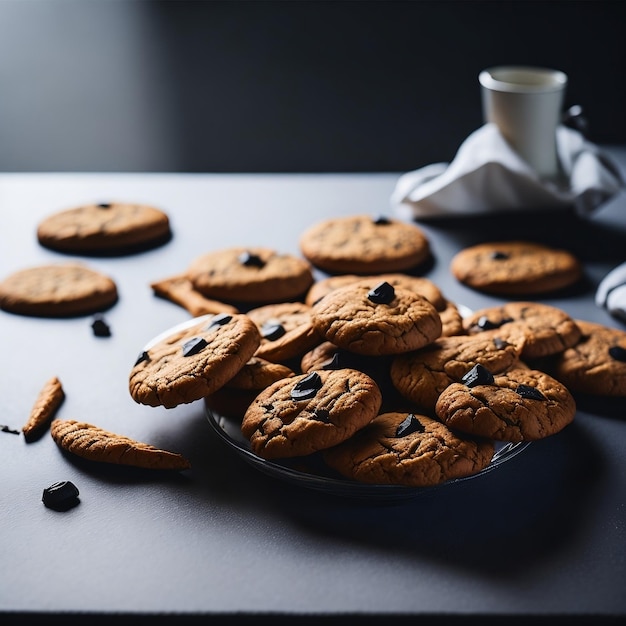 A plate of delicious cookies on a white table with good lighting in a dark room generative ai