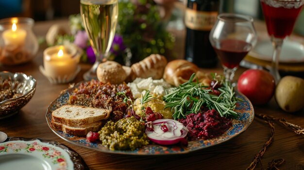 Photo plate of delicious food on a wooden table passover