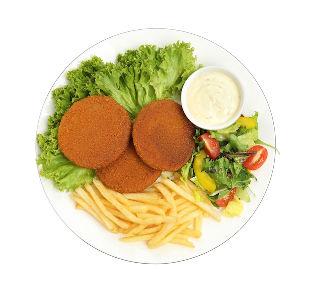 Plate of delicious fried breaded cutlets with garnish isolated on white top view