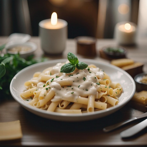 Foto un piatto di deliziosa pasta con salsa bianca sulla tavola