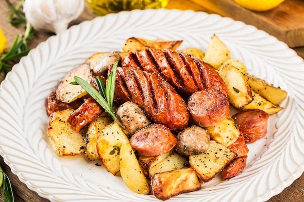 Un piatto di deliziose patate e salsiccia al forno