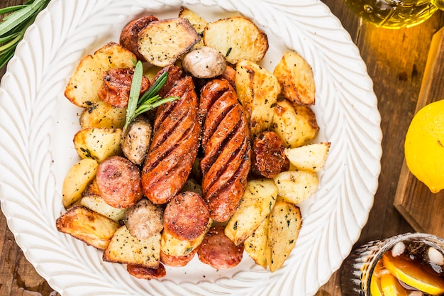 Photo a plate of delicious potatoes and baked sausage