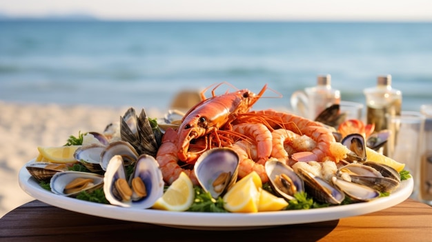 plate of delicious seafood appetizers served on a beach table with a picturesque view of the sea