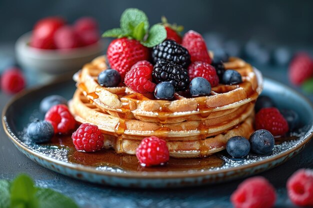 A plate of delicious waffles and berries are on the table