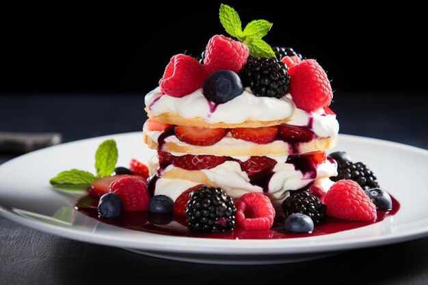 a plate of dessert with berries and raspberries on it