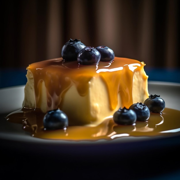 A plate of dessert with blueberries and a plate of food