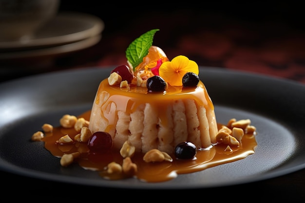 A plate of dessert with a caramel sauce and nuts on top.