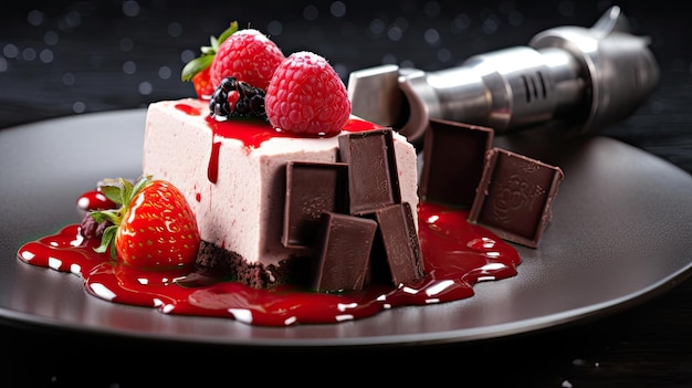 a plate of dessert with strawberries and chocolate