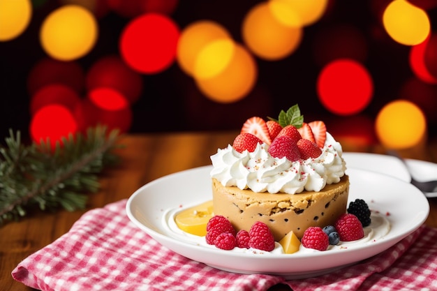 A plate of dessert with whipped cream and berries on it