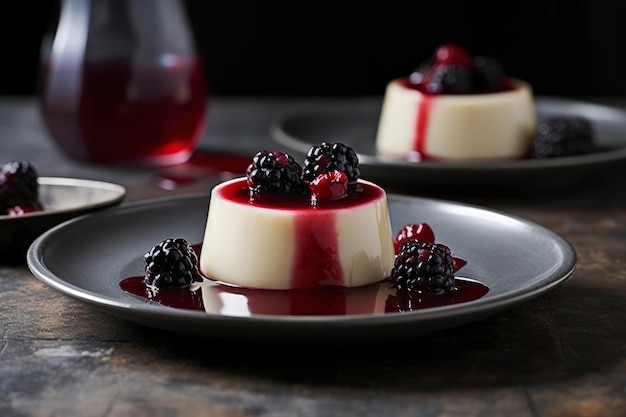 A plate of desserts with blackberries on it