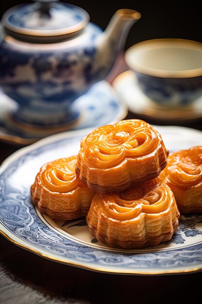 Photo a plate of desserts with a blue and white china china on the side