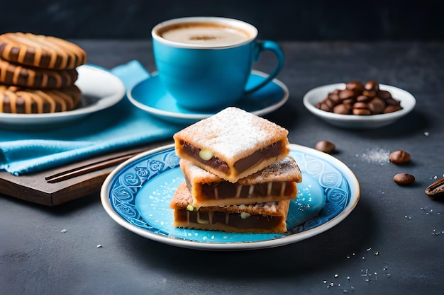 a plate of desserts with a cup of coffee and cookies on it.