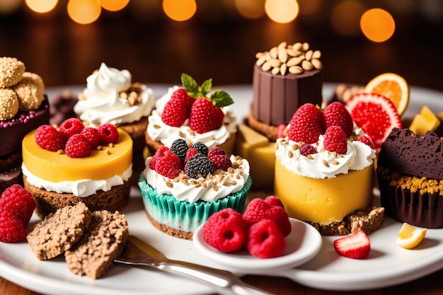 A plate of desserts with different toppings including raspberries, raspberries, and chocolate.