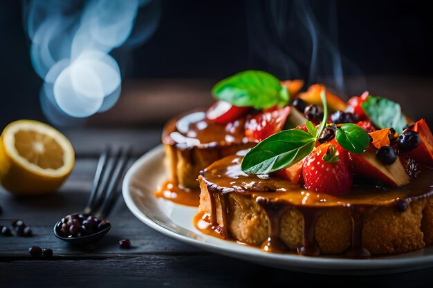 a plate of desserts with fruit and a candle in the background.