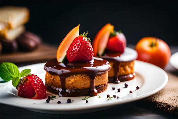 a plate of desserts with orange slices and chocolate frosting