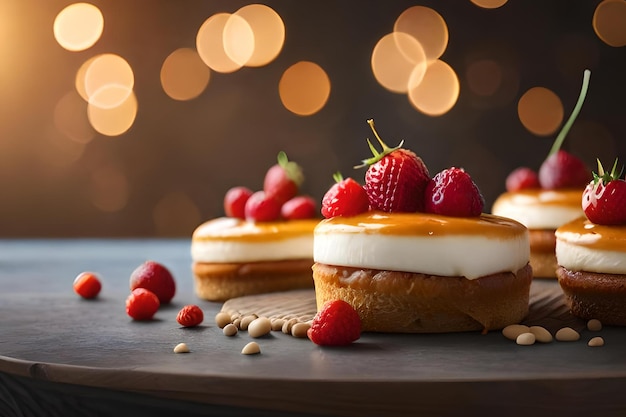 A plate of desserts with raspberries on top