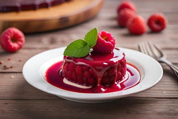 A plate of desserts with raspberry sauce and raspberry