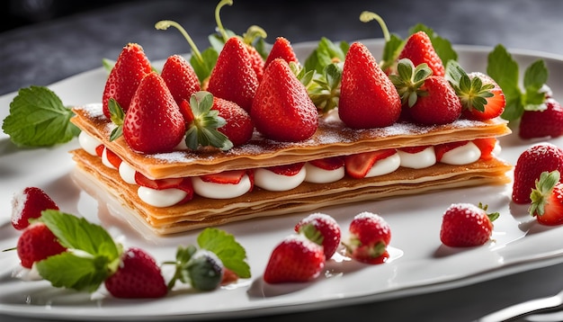 a plate of desserts with strawberries and cream