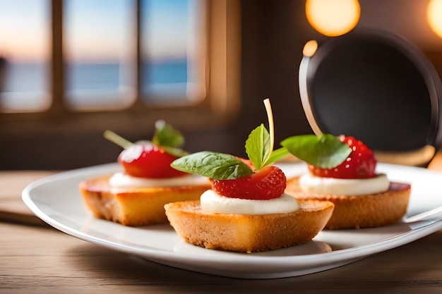 A plate of desserts with strawberries and a glass of wine