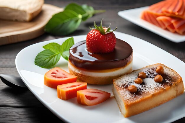 A plate of desserts with a strawberry on it