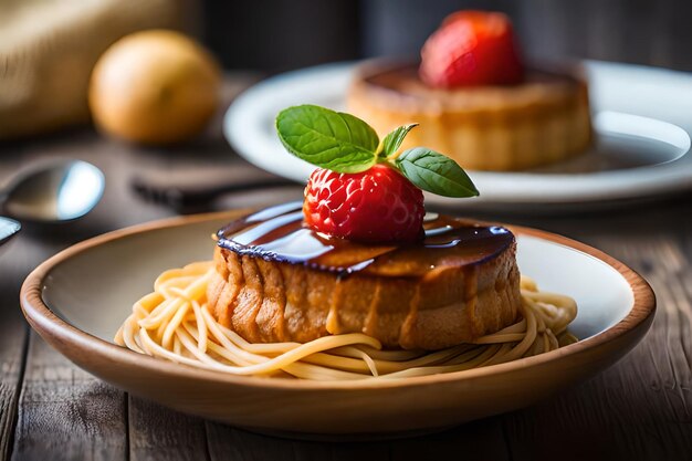 A plate of desserts with a strawberry and a strawberry on the top