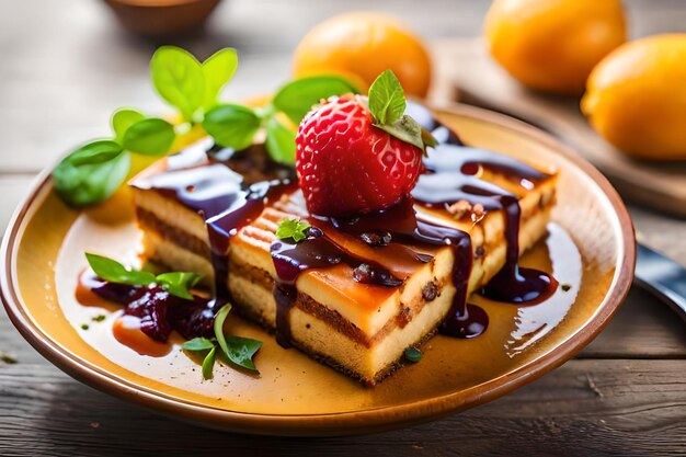 a plate of desserts with a strawberry on the top