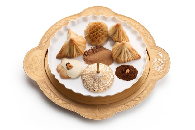 A plate of different cookies on a white background